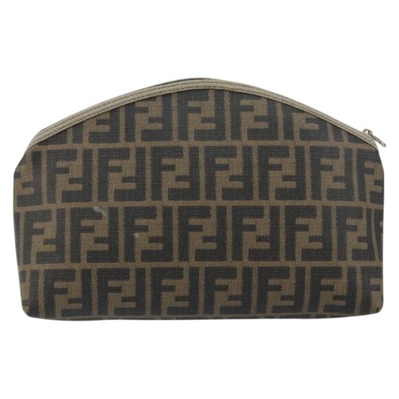 FENDI Zucca Canvas Pouch PVC Vintage Brown Black gold Auth - Picture 3 of 16